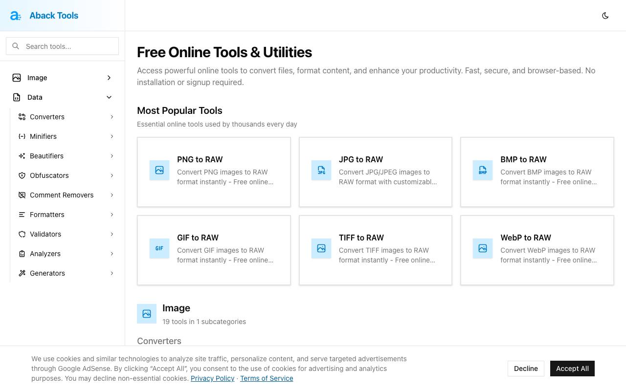 Aback Tools website preview