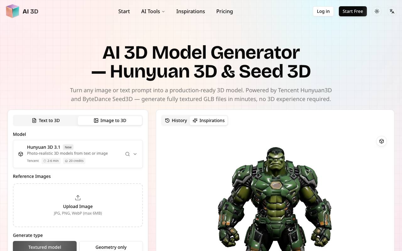 AI 3D Model Generator (Hunyuan 3D & Seed 3D) website preview
