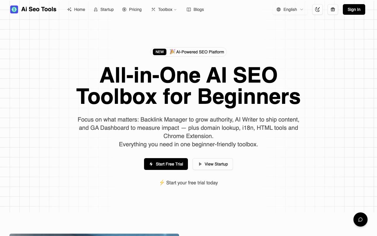 AI All-in-One SEO Tools for Startup website preview