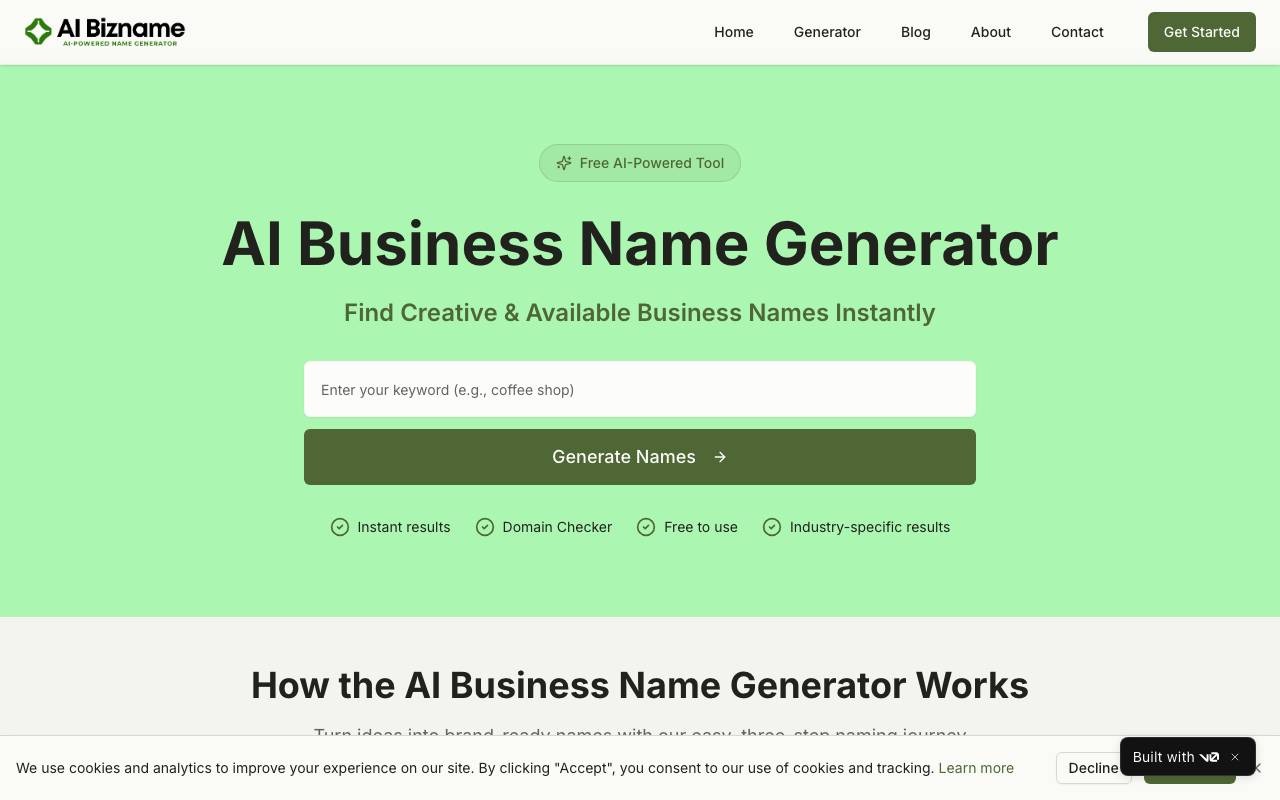 AI Business Name Generator website preview