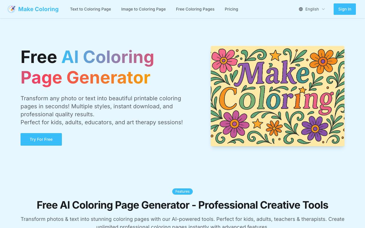 AI Coloring Pages Generator website preview