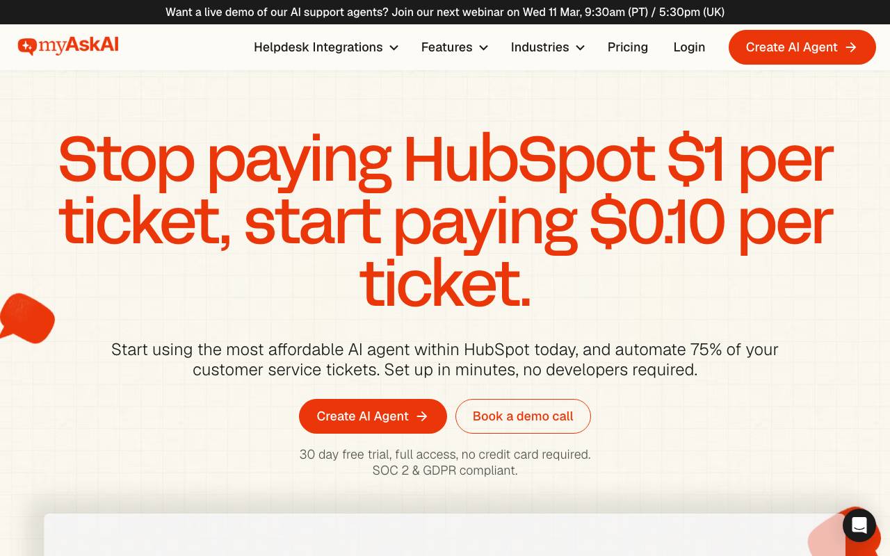 AI Hubspot Support Agent website preview