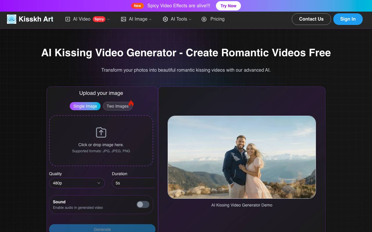 AI Kissing video generator website preview