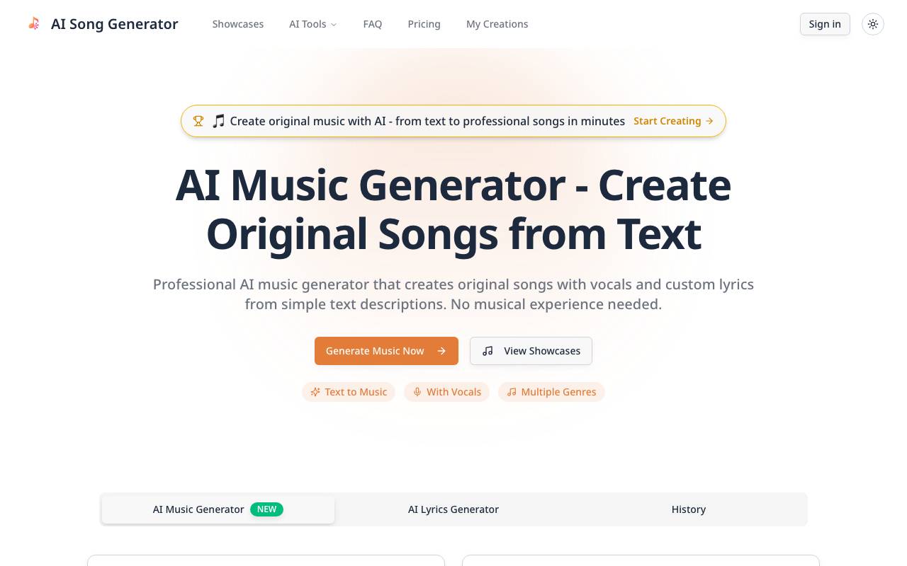 AI Music Generator - Create Songs from Text with AI website preview