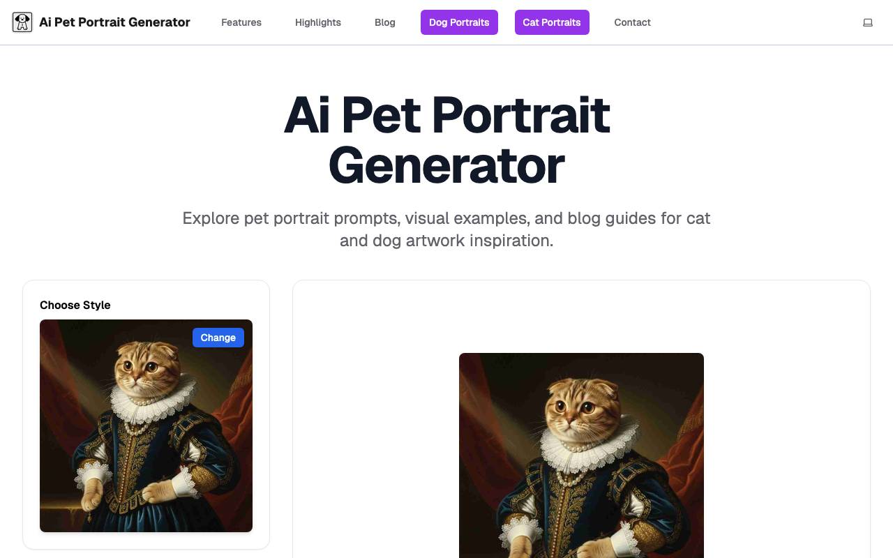 Ai pet portrait generator website preview