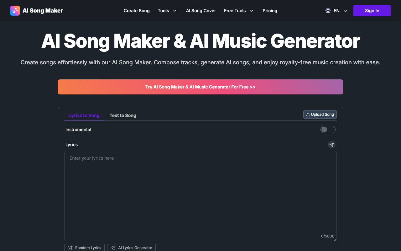 AI Song Generator website preview