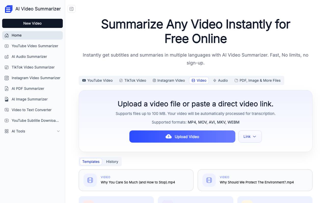 AI Video Summarizer website preview