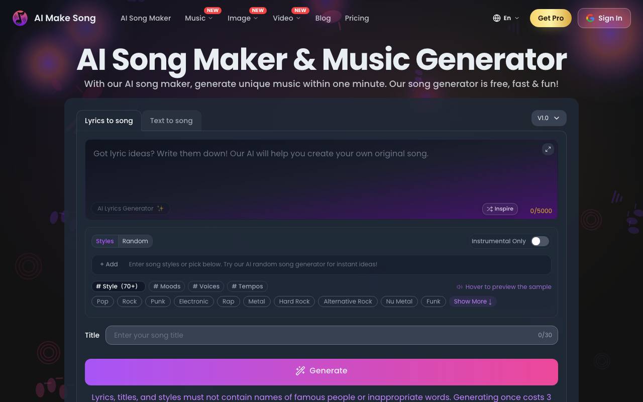 AIMakeSong website preview