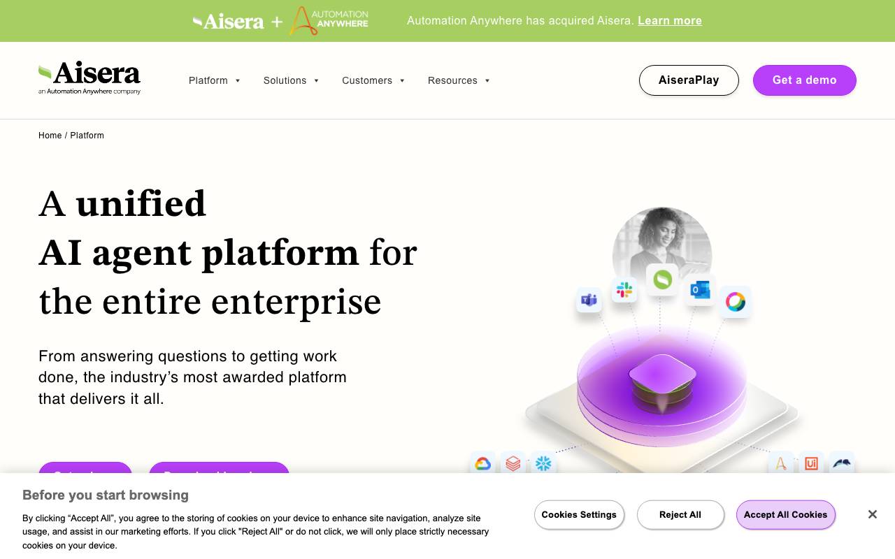 Aisera AI Agent Platform website preview