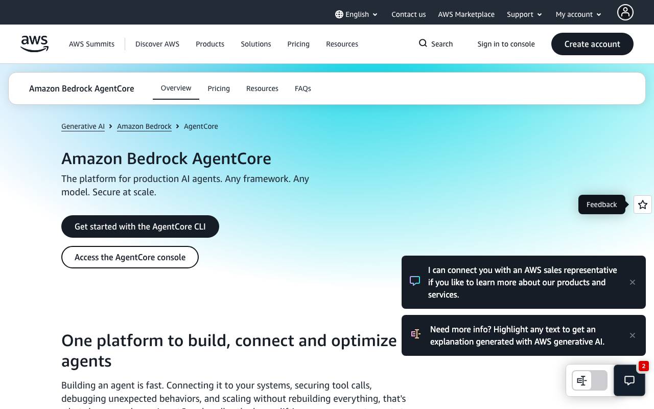 Amazon Bedrock AgentCore website preview
