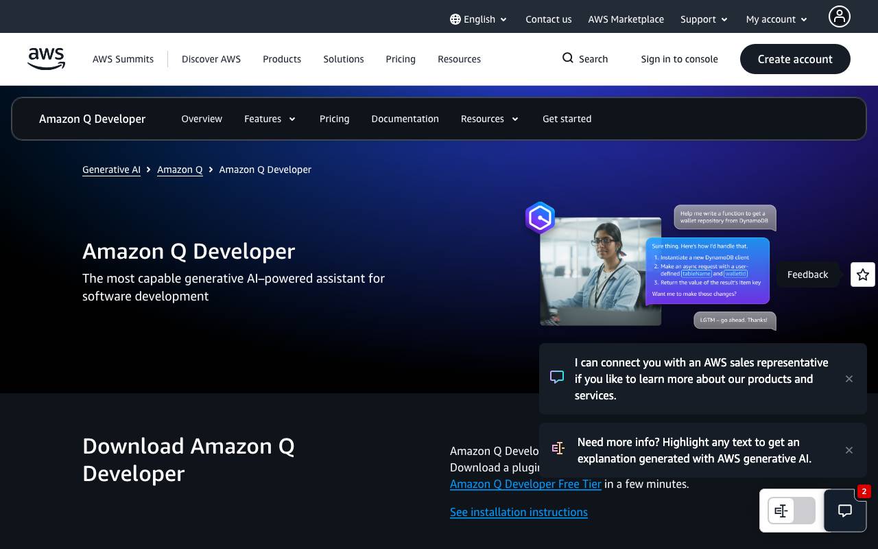 Amazon Q Developer website preview