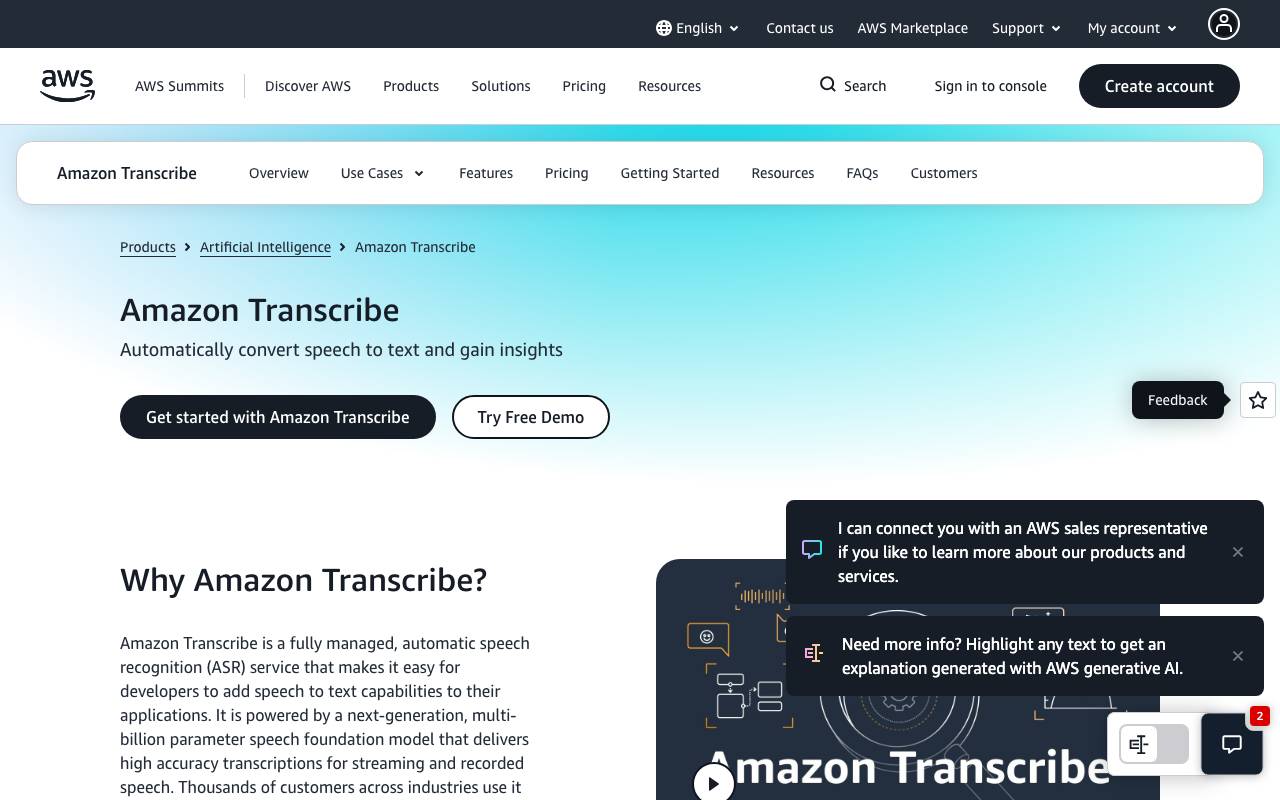 Amazon Transcribe website preview