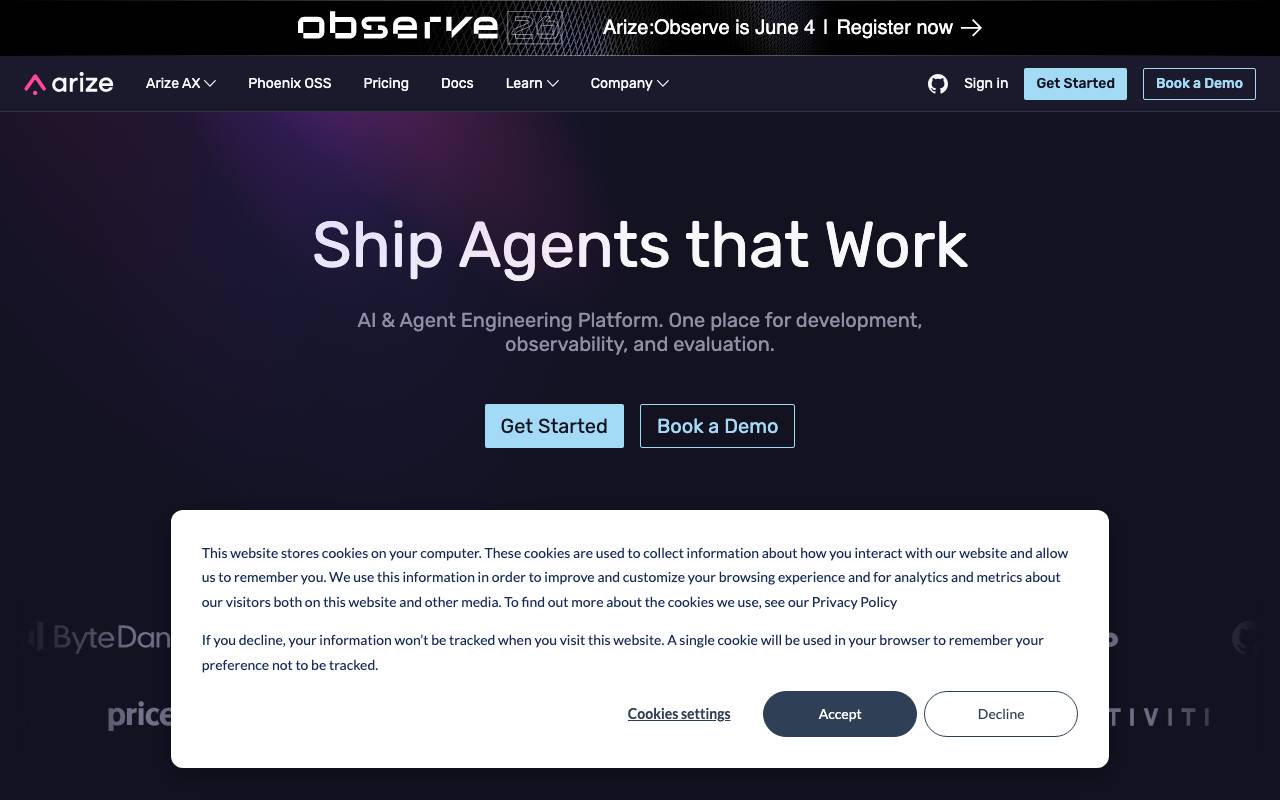 Arize AI website preview