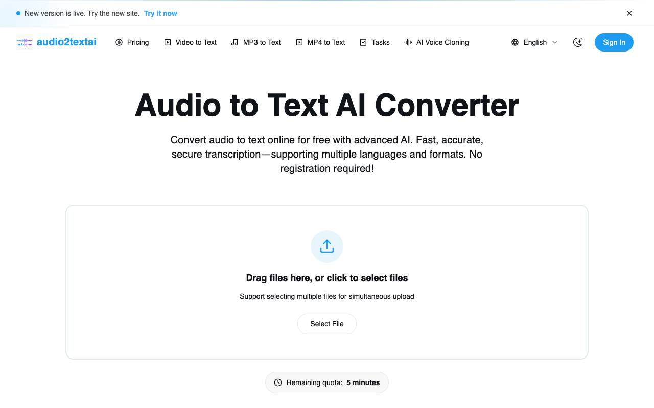 Audio to Text AI Converter website preview
