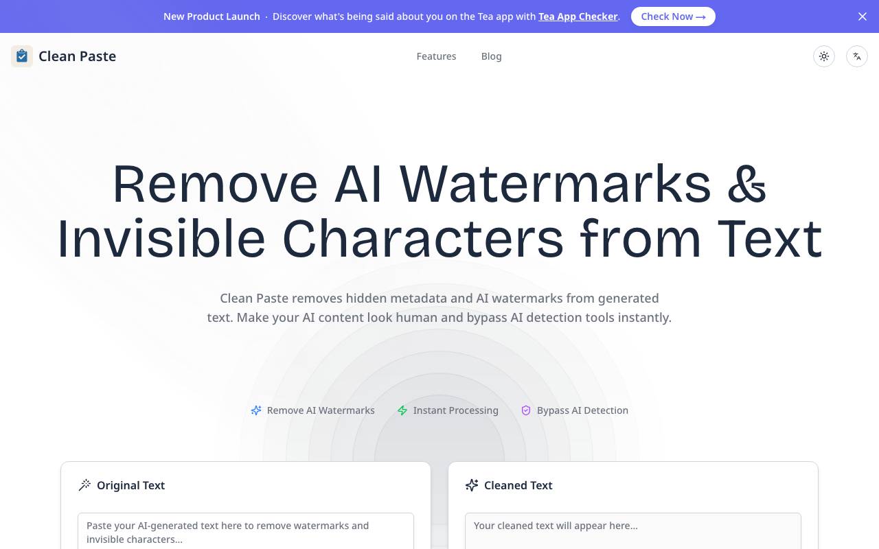 Clean Paste - AI Text website preview
