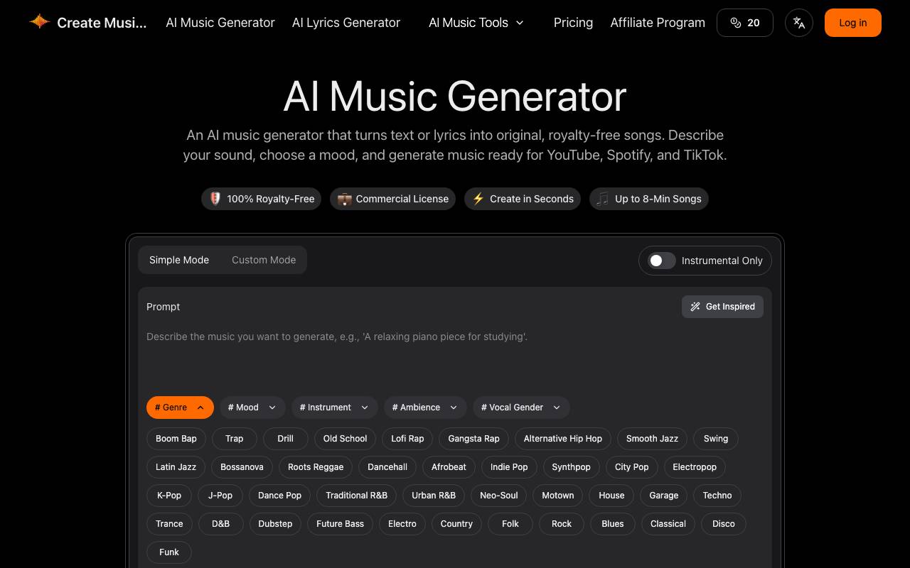 Create Music AI website preview