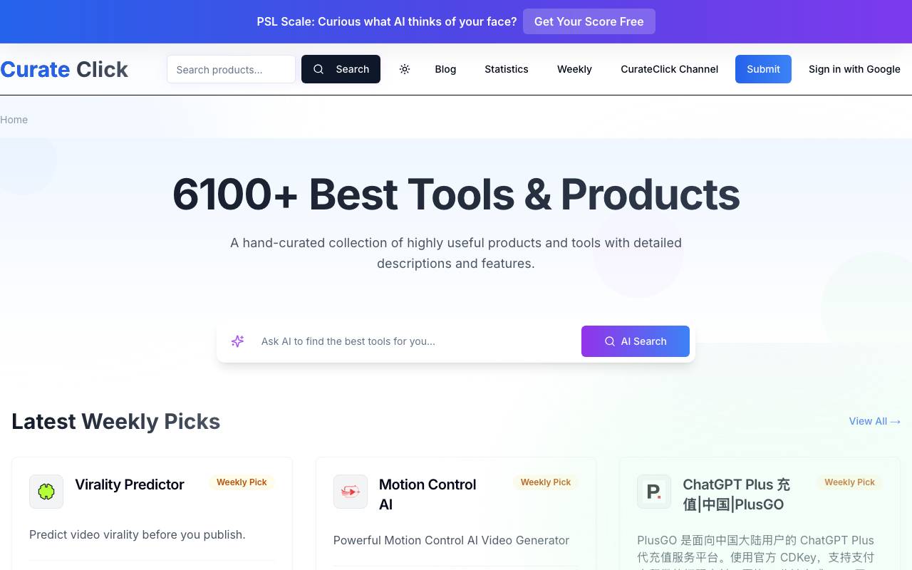 Curate Click website preview