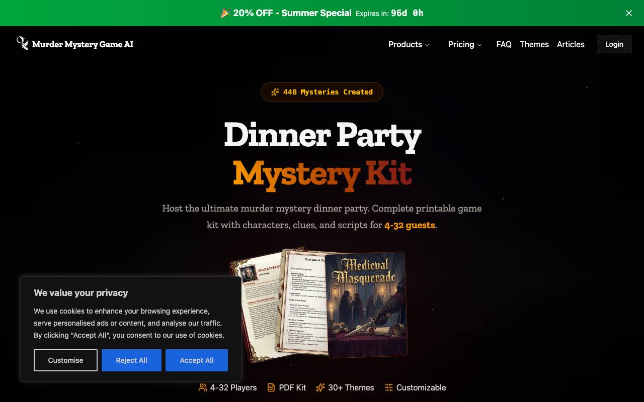 Custom Murder Mystery Party Game website preview