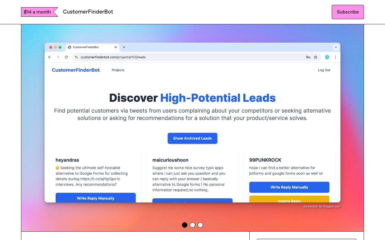 Customer Finder Bot website preview