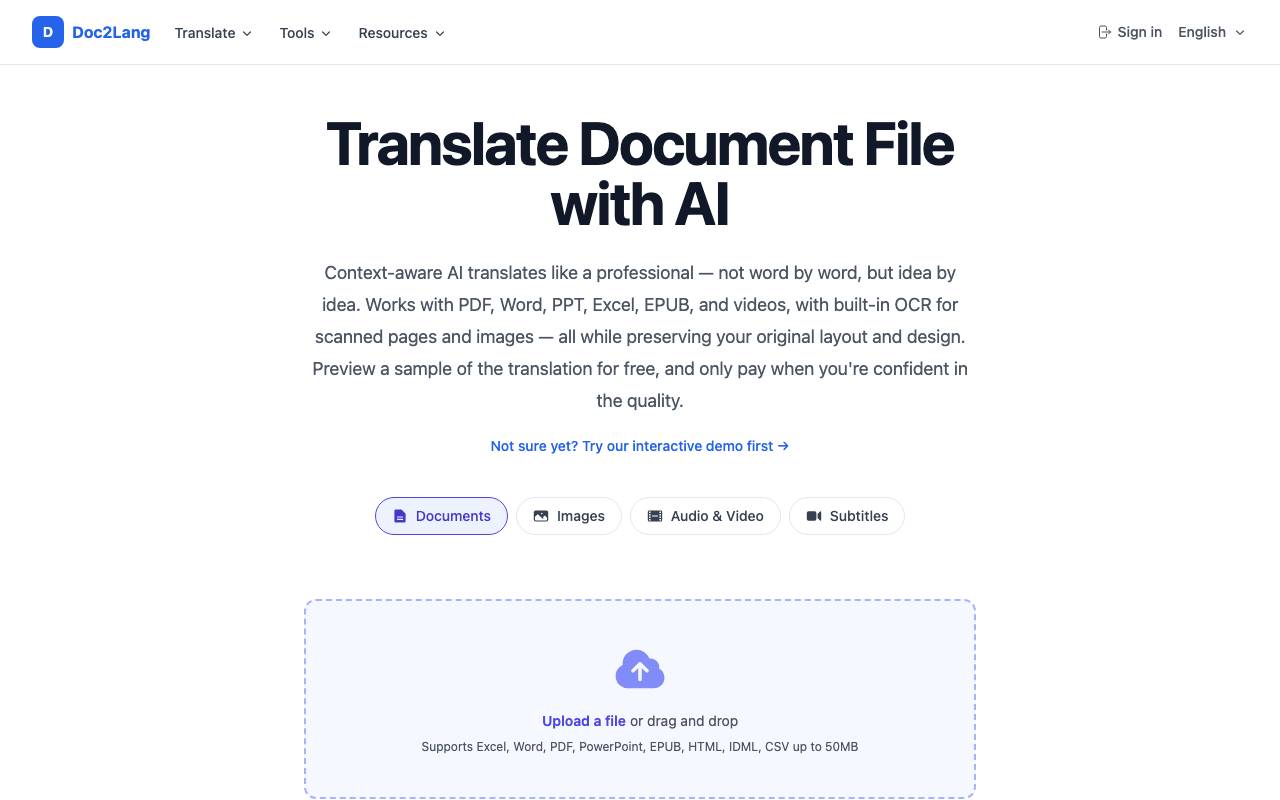 Doc2Lang website preview