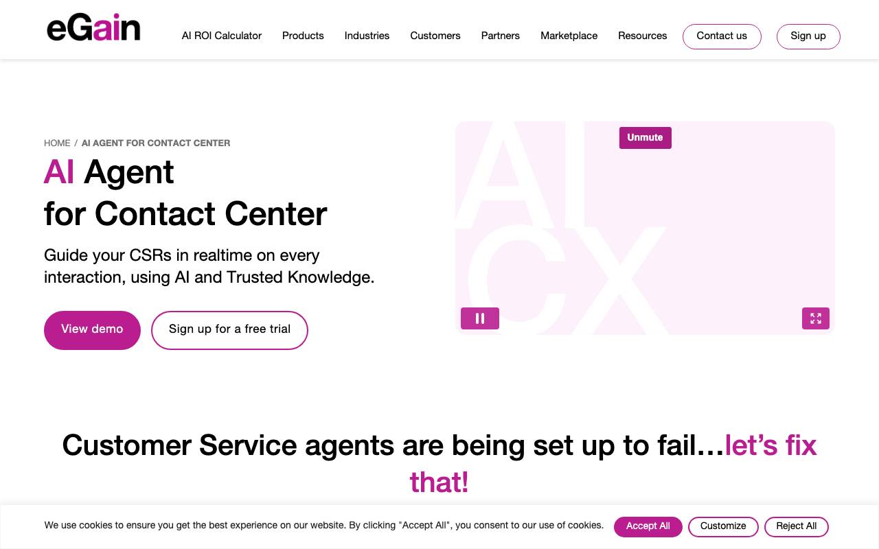 eGain AI Agent for Contact Center website preview
