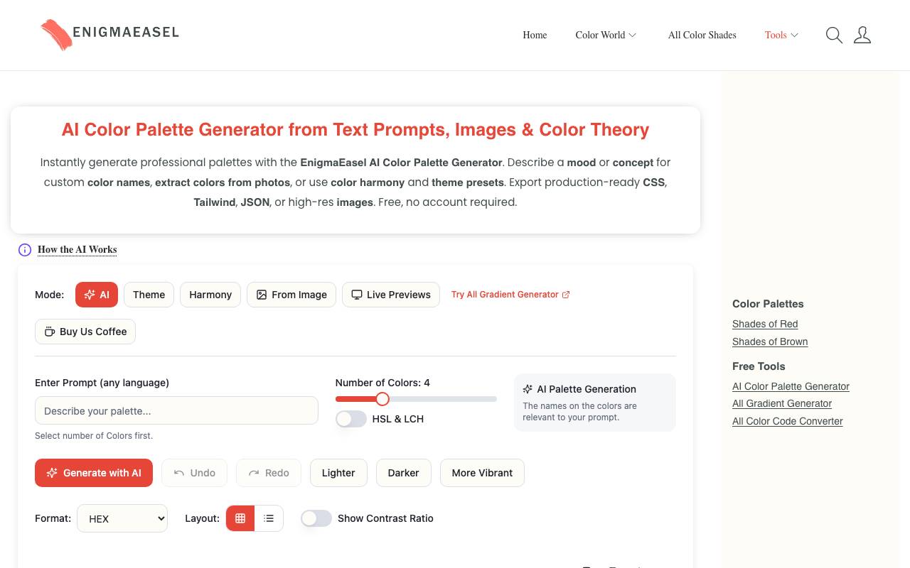 EnigmaEasel - AI Color Palette Generator website preview