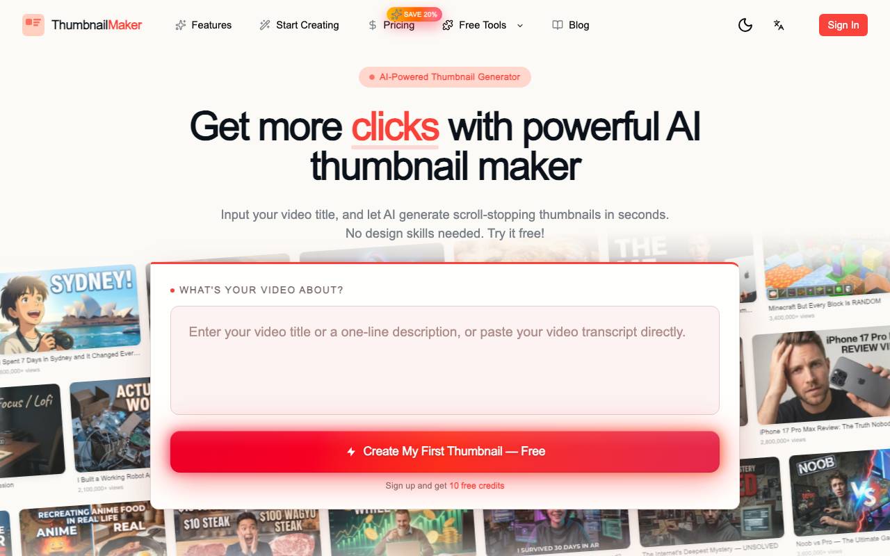 Free AI Thumbnail Maker website preview