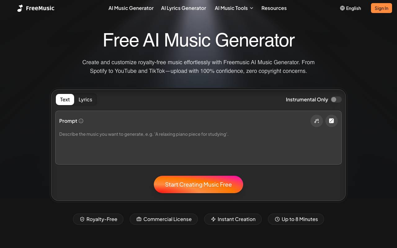 FreeMusic AI website preview