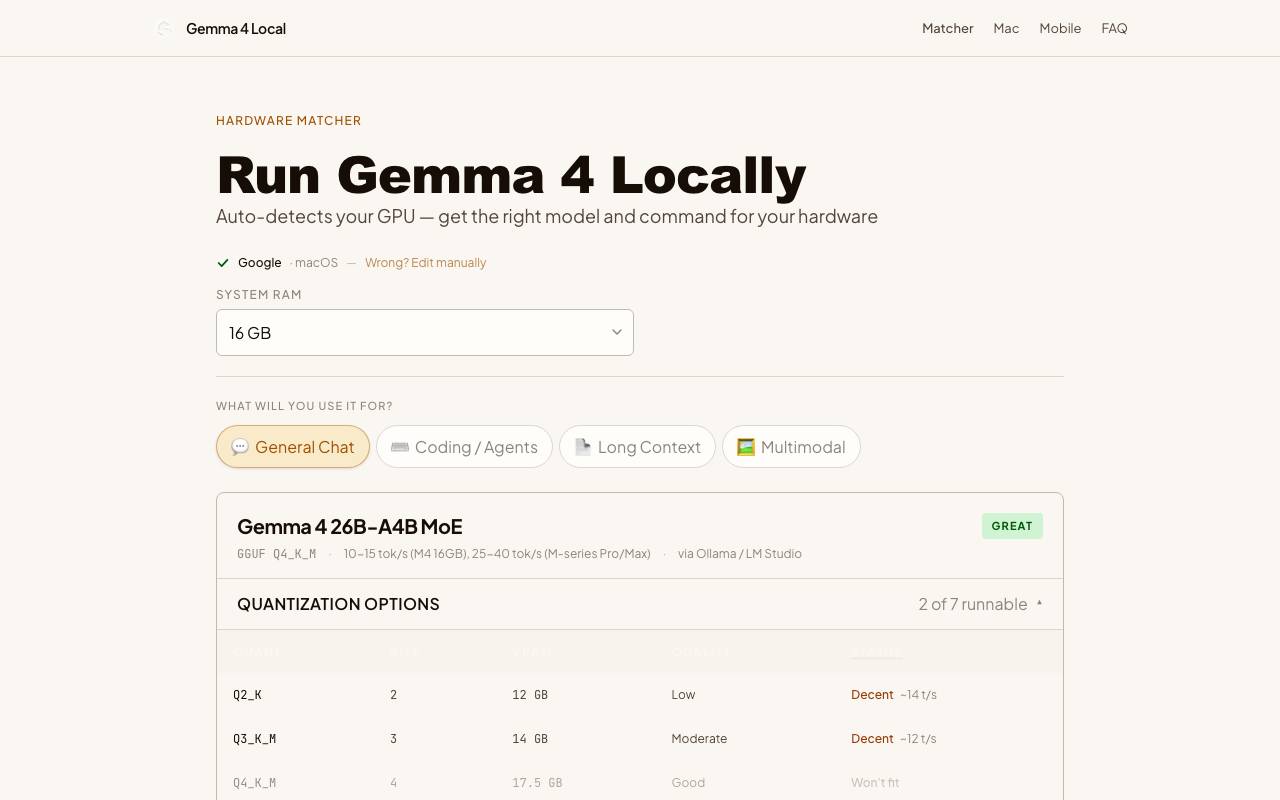 Gemma 4 Local Hardware Matcher website preview