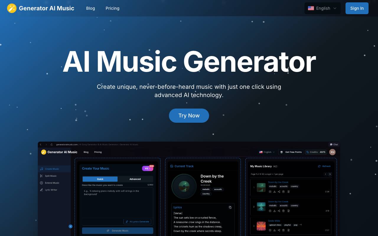 Generator AI Music website preview