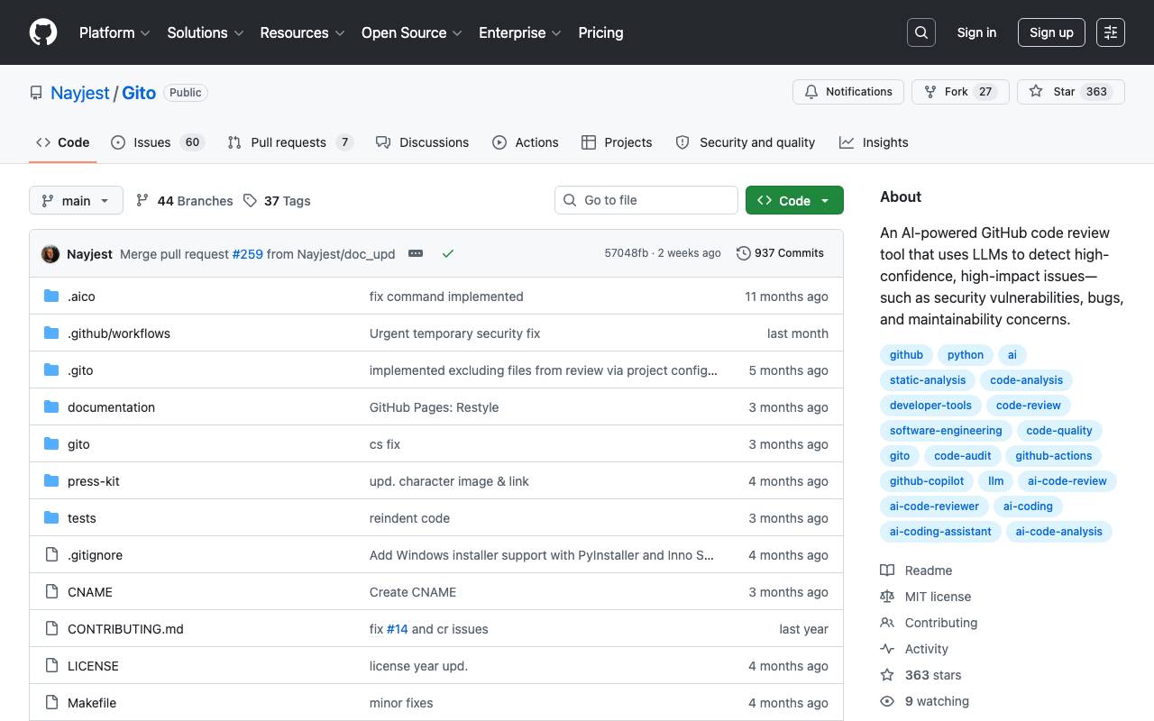 Gito: AI Code Reviewer website preview