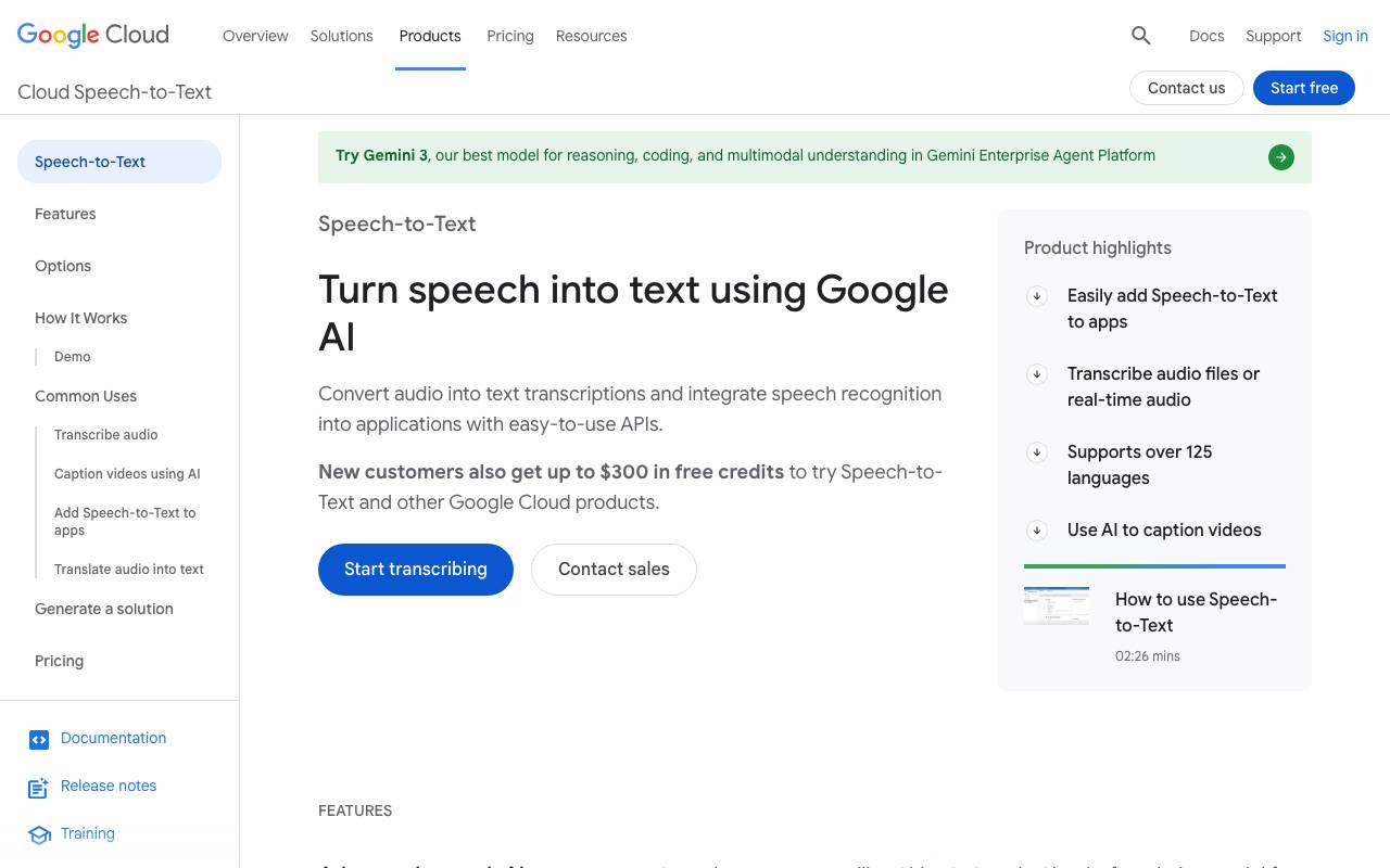 Google Speech-to-Text website preview
