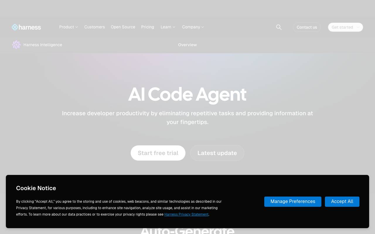 Harness AI Code Agent website preview
