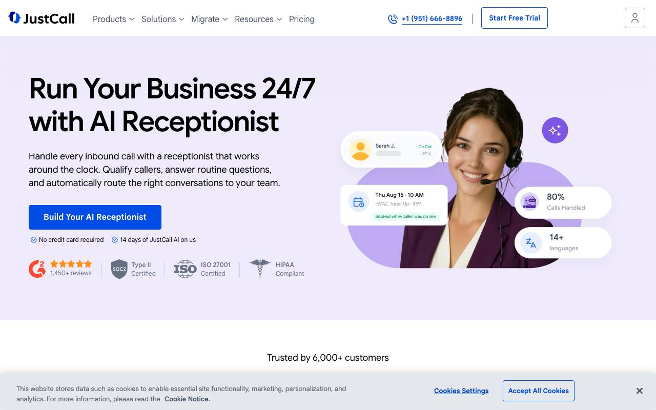 JustCall AI Receptionist website preview