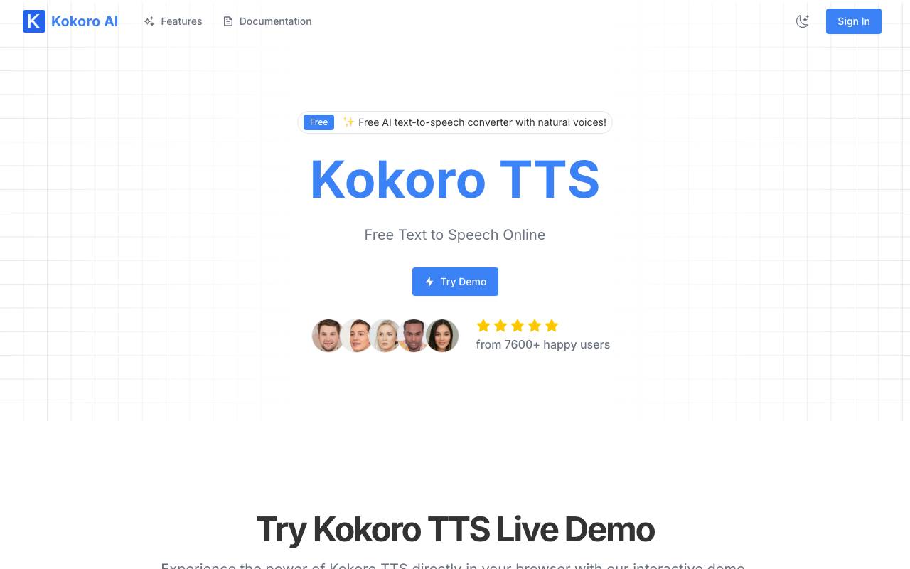 Kokoro AI website preview