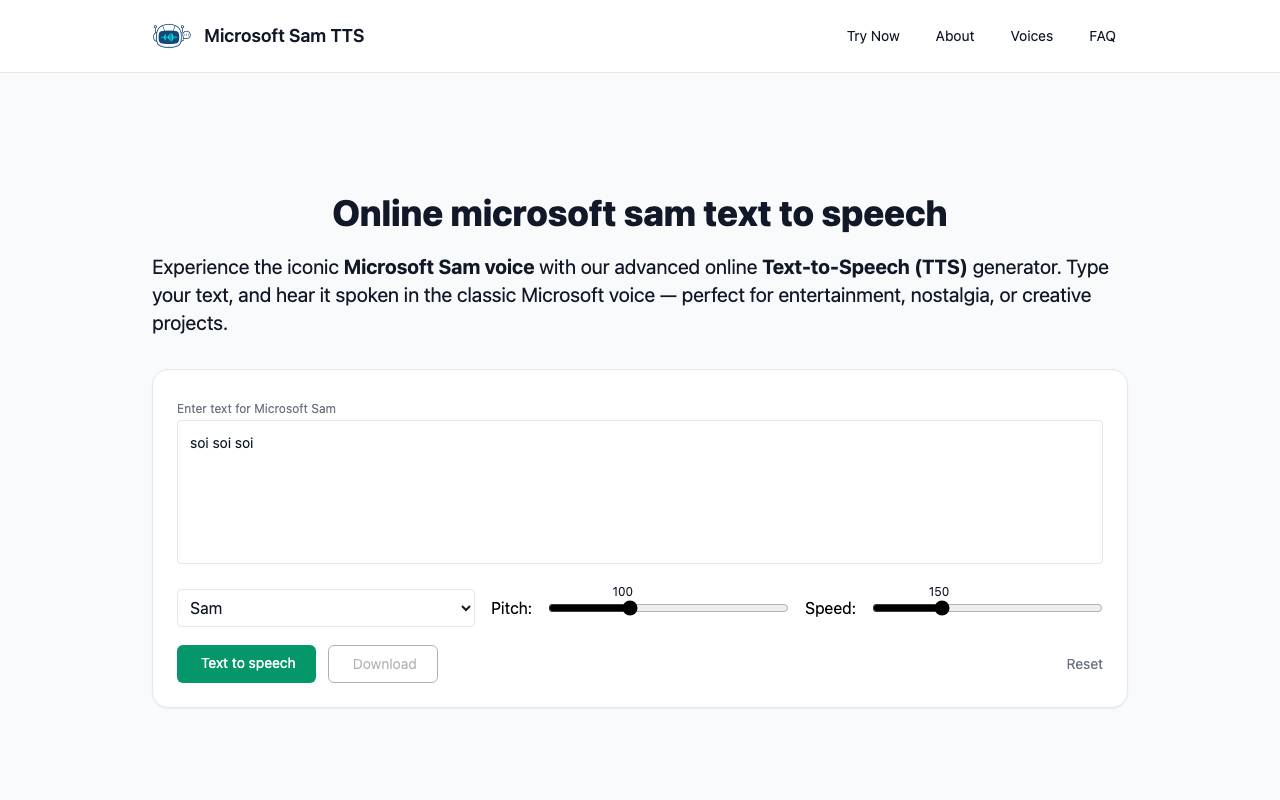 Microsoft Sam TTS website preview