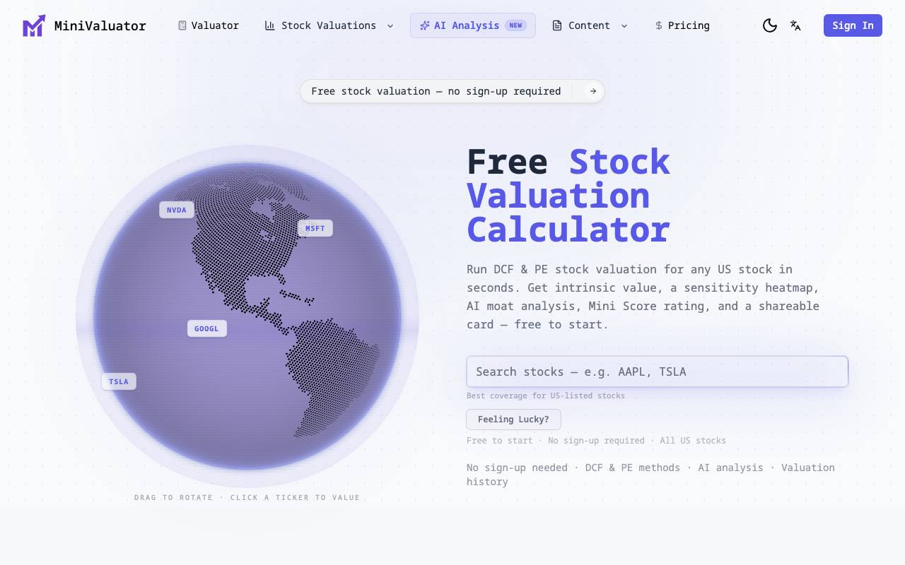 MiniValuator website preview