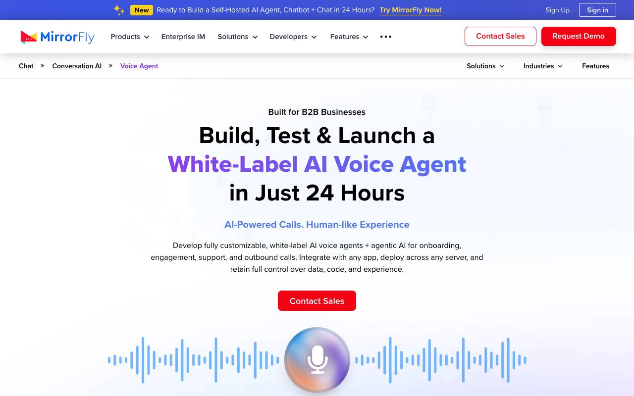 MirrorFly AI Voice Agent website preview