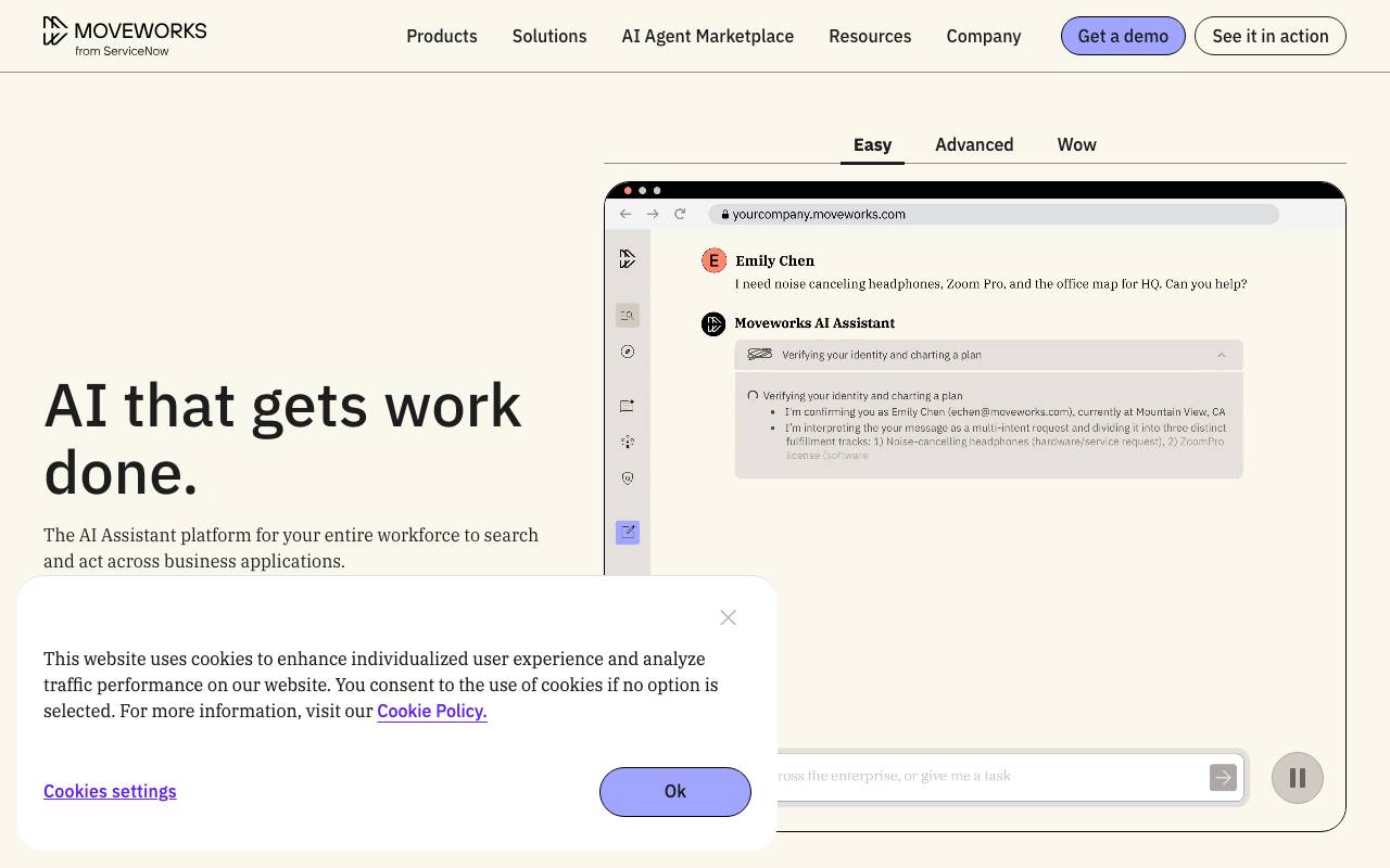 Moveworks AI Assistant website preview