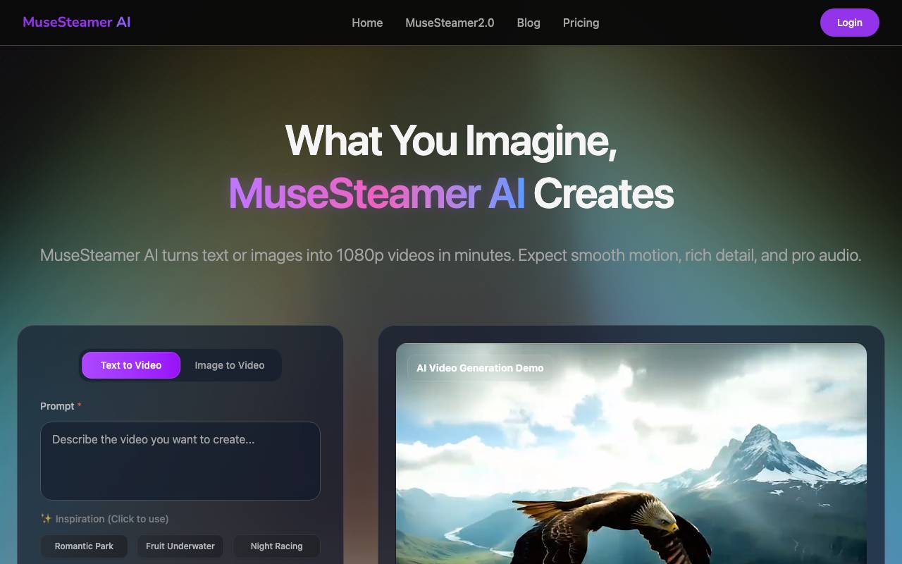 MuseSteamer AI website preview