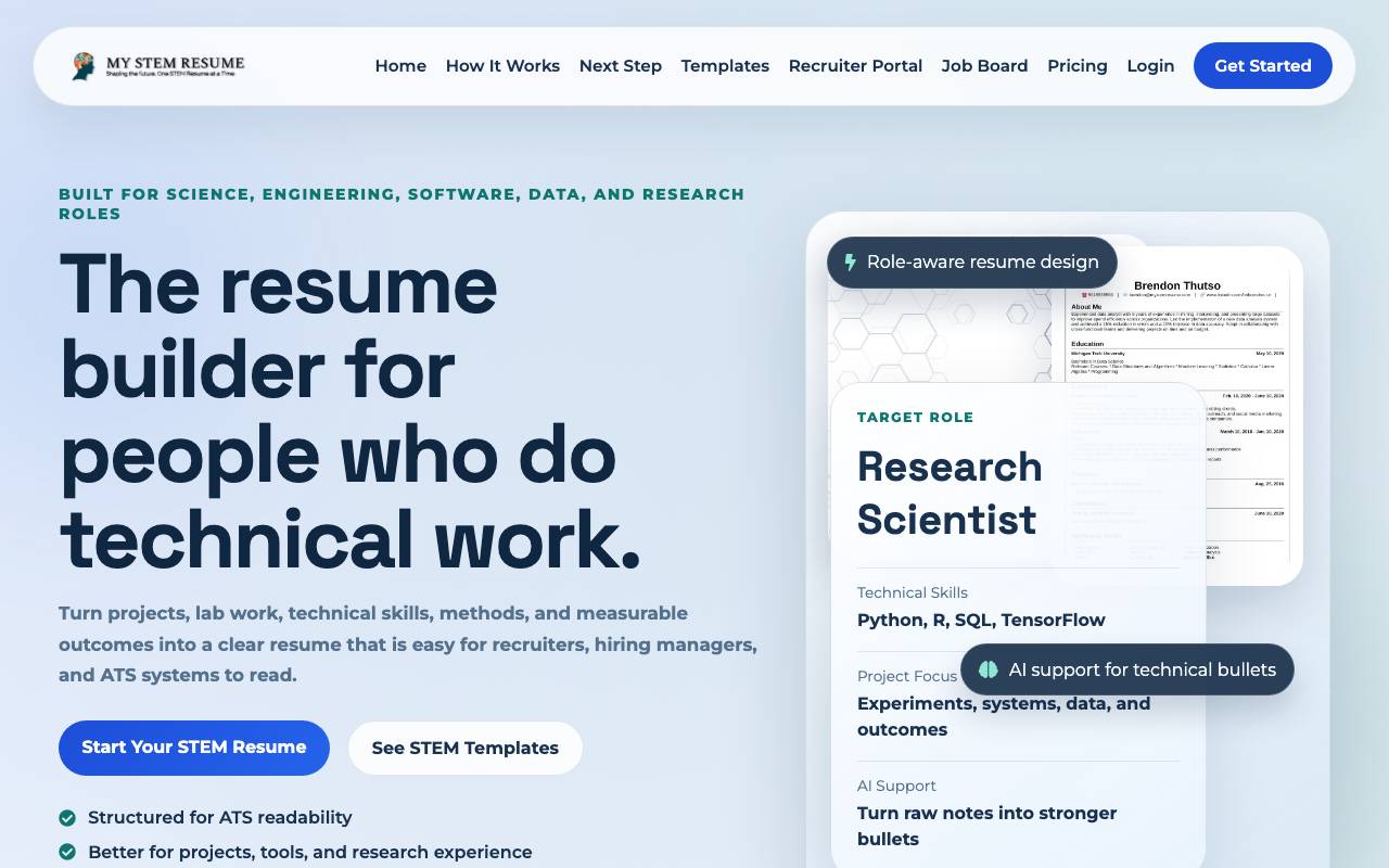 My STEM Resume website preview