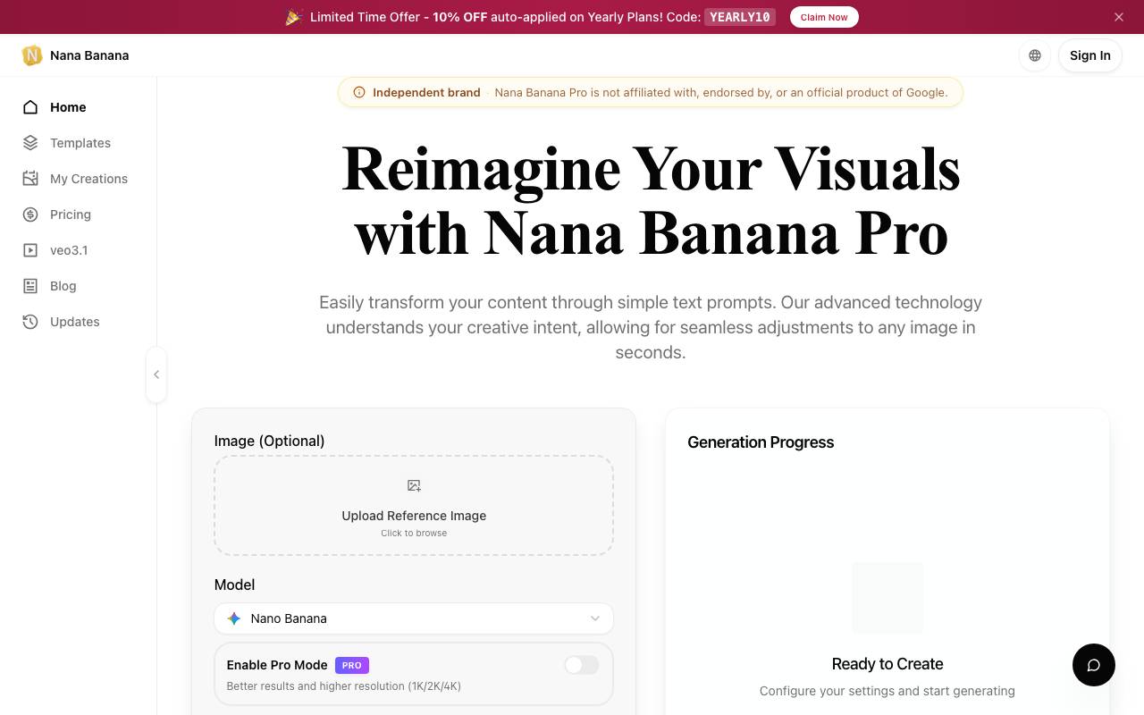 Nana Banana Pro AI Editor website preview
