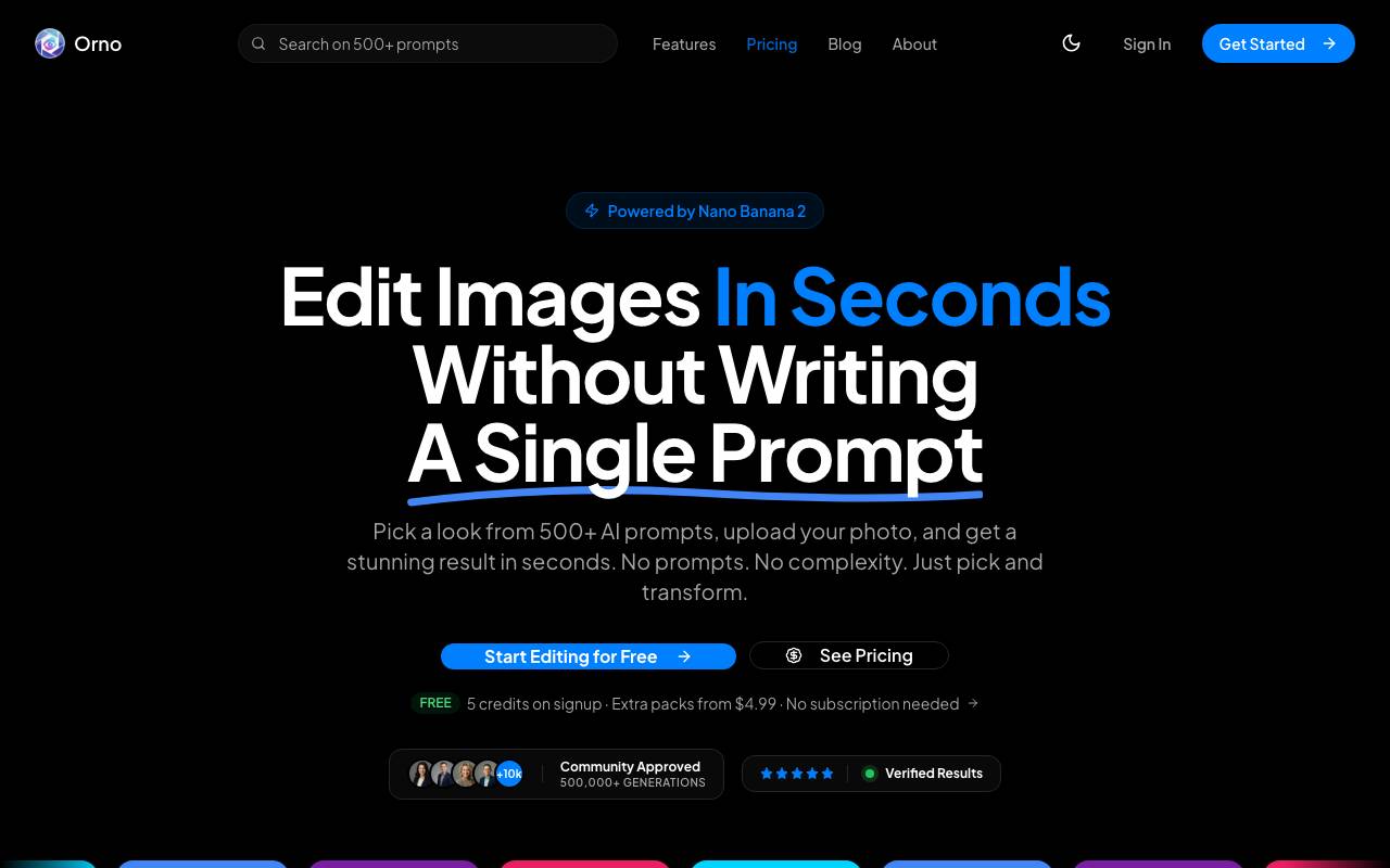 Orno — AI Image Editor website preview