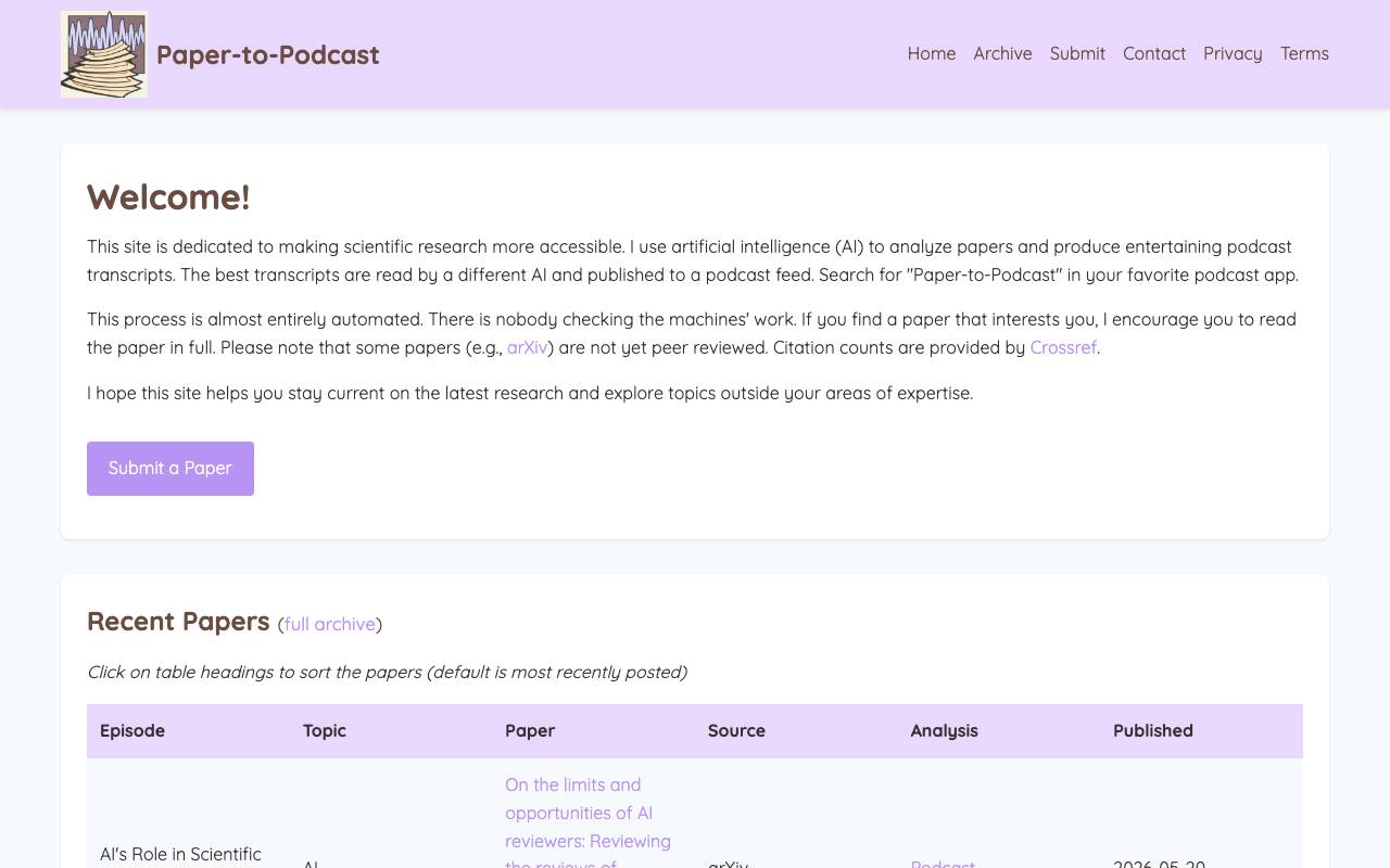 Paper-to-Podcast website preview
