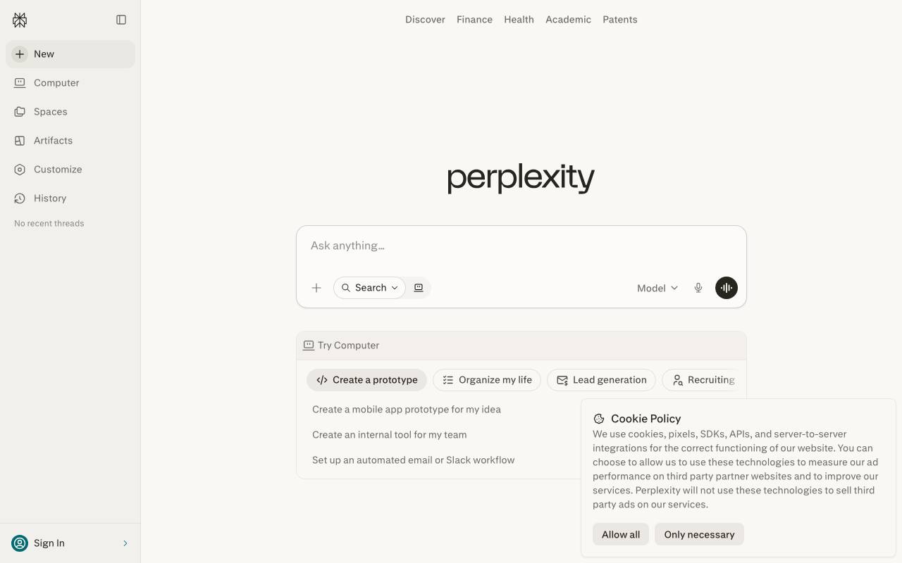 Perplexity AI website preview