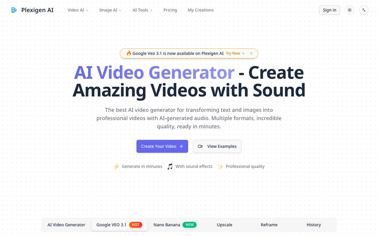 Plexigen AI - AI Video Generator with Sound website preview