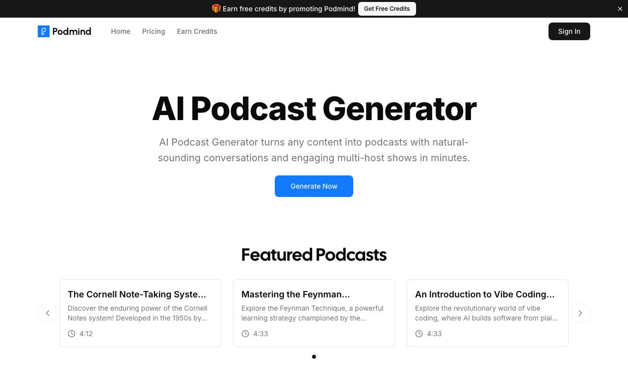 PodMind AI Podcast Generator website preview
