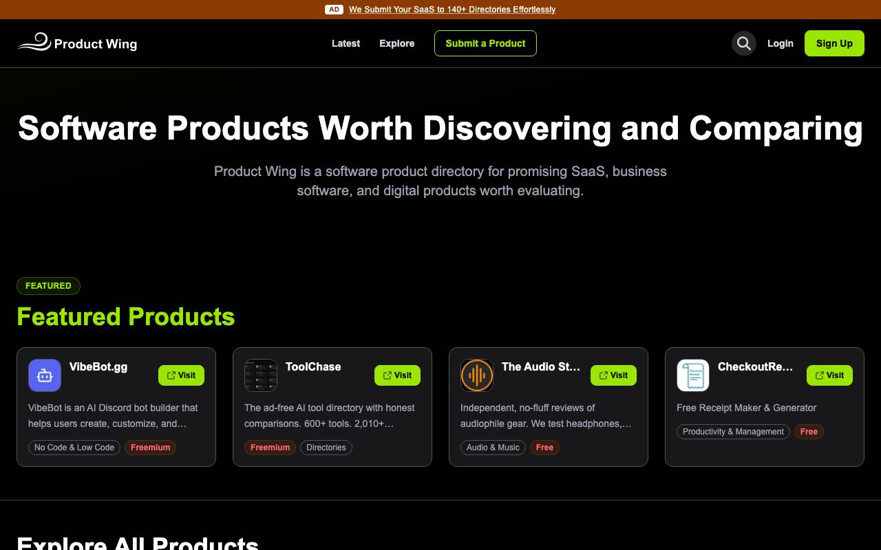 Product Wing website preview