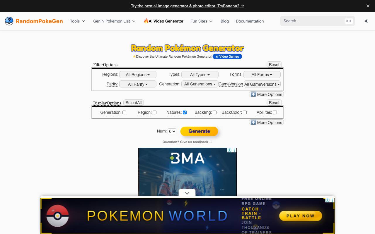 Random pokemon generator website preview
