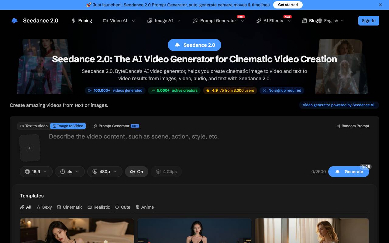 Seedance 2.0 — AI Video Generator website preview